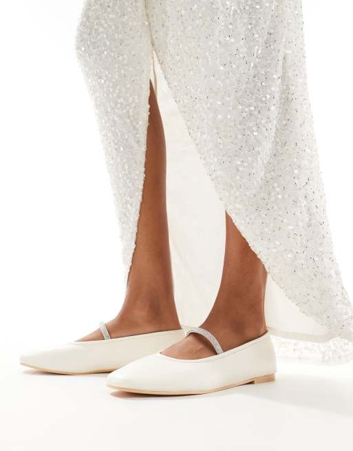 Truffle Collection wide fit bridal embellished strap ballet pump in ivory