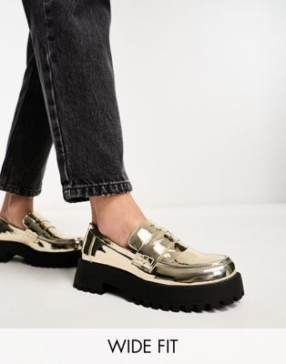 Truffle Collection Wide Fit chunky apron loafer in gold metallic