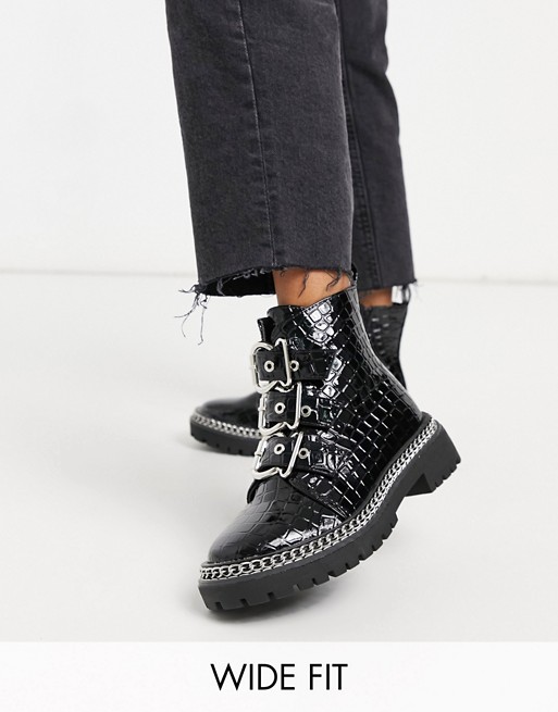 Truffle Collection wide fit chunky buckle boots in black croc