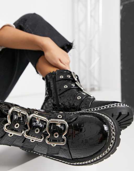 Chunky black croc store boots