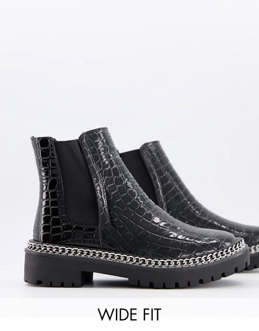 Truffle Collection wide fit chunky chain ankle boots in black patent