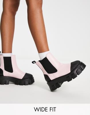 Truffle Collection Wide Fit chunky chelsea toe cap ankle boots in pink-Black