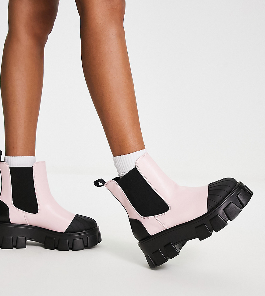 Truffle Collection Wide Fit chunky chelsea toe cap ankle boots in pink-Black