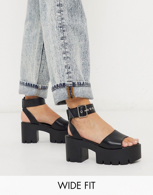 Truffle Collection wide fit chunky flatform heeled sandals in black