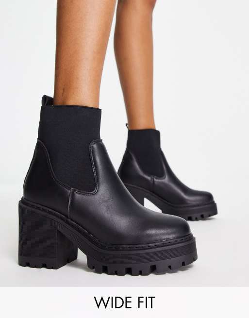 Truffle Collection wide fit chunky heeled chelsea boots in black