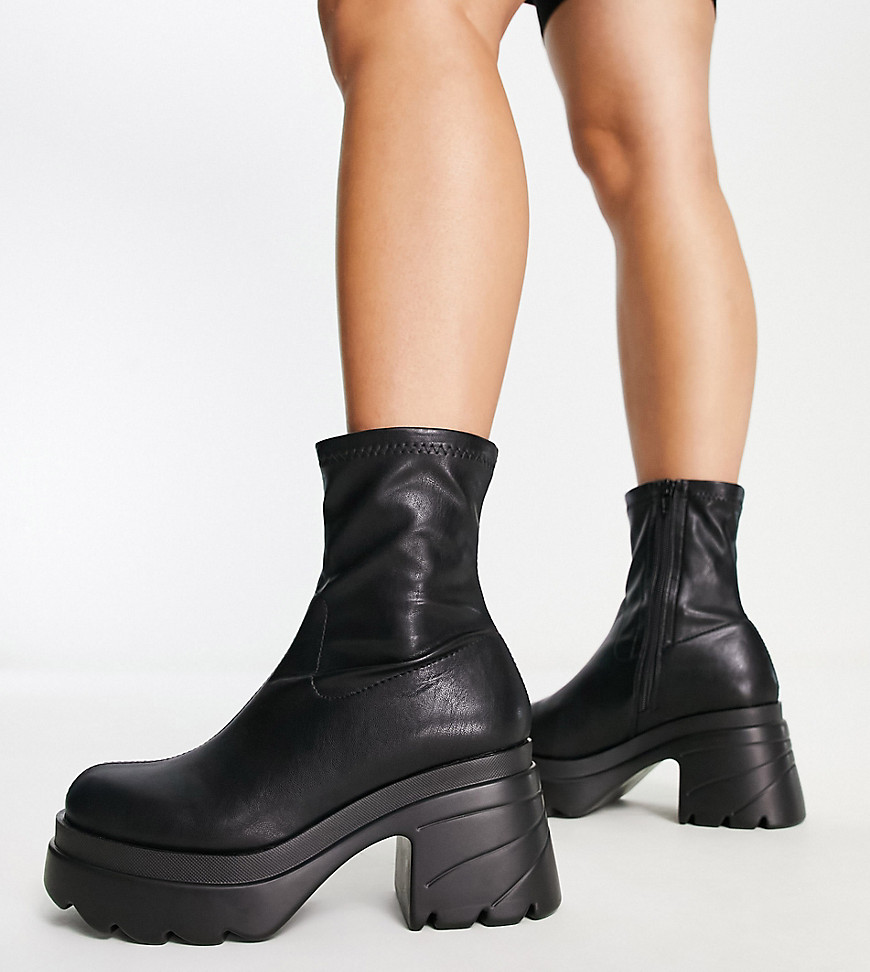 Truffle Collection Wide Fit chunky heeled sock boots in black