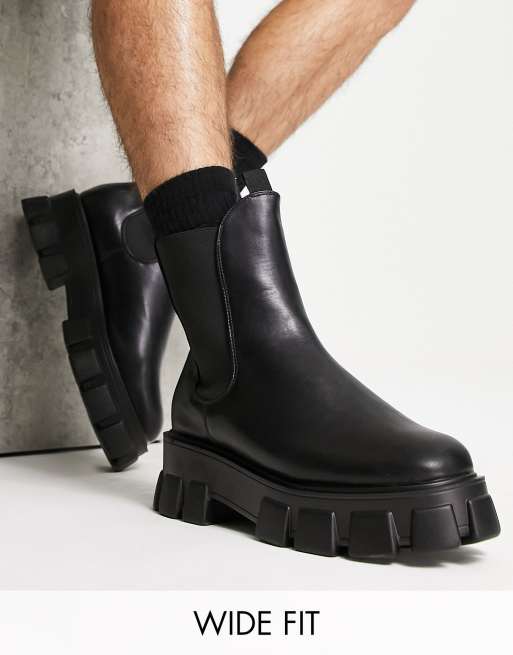 Truffle Collection Wide Fit chunky high chelsea boots in black faux