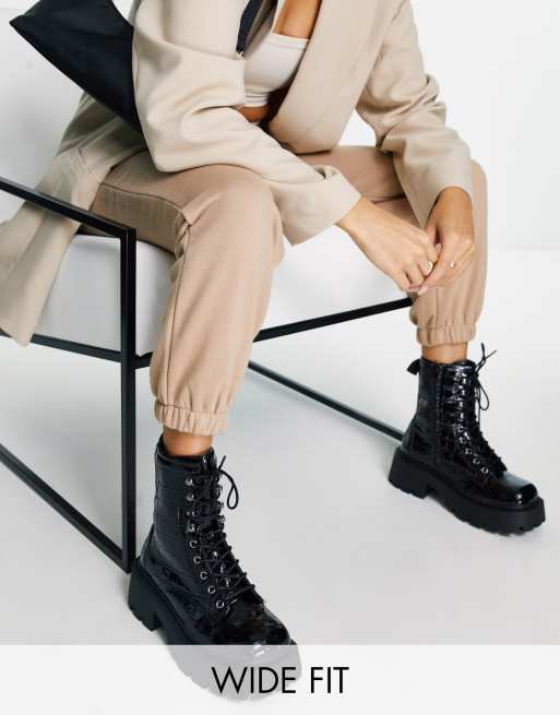 Truffle Collection Wide Fit chunky hiker boots in croc patent