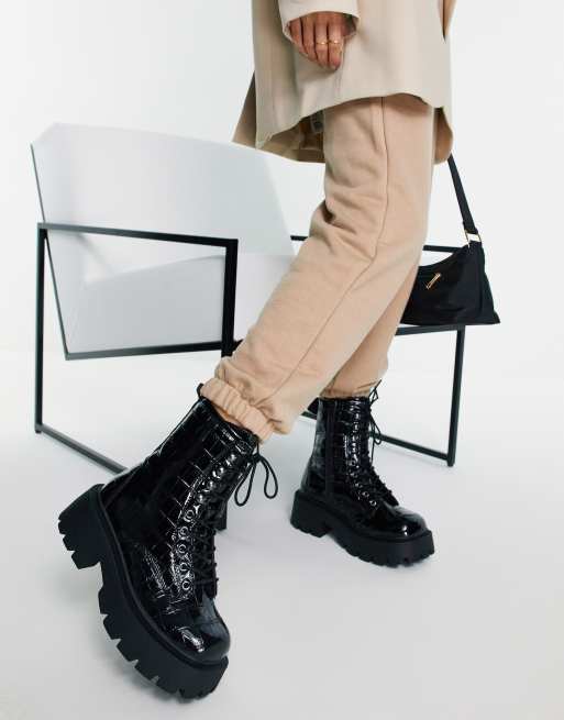 Truffle Collection Wide Fit chunky hiker boots in croc patent