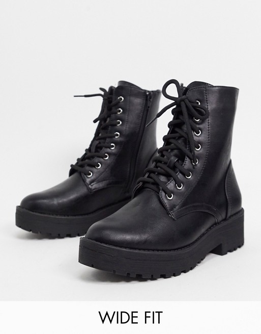 Truffle Collection wide fit chunky lace up boots in black