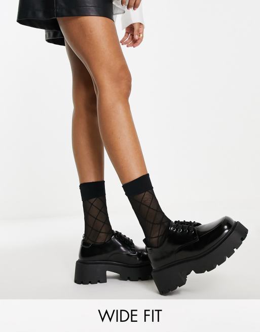 Truffle Collection Wide fit chunky lace up shoes with exaggerated sole in black