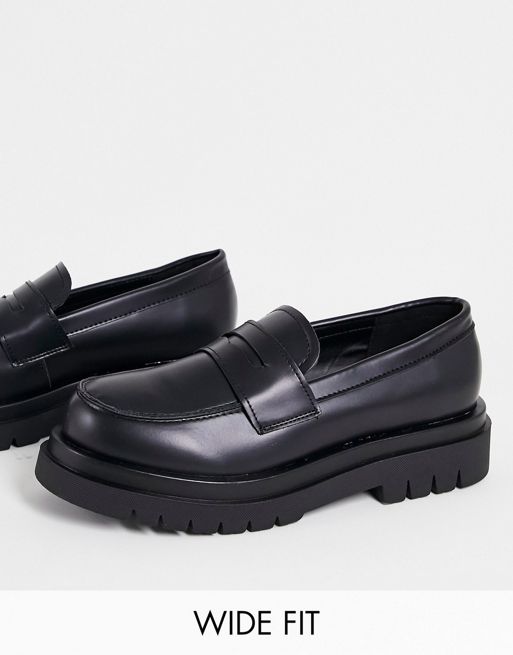 Truffle Collection wide fit chunky loafers in black faux leather | ASOS