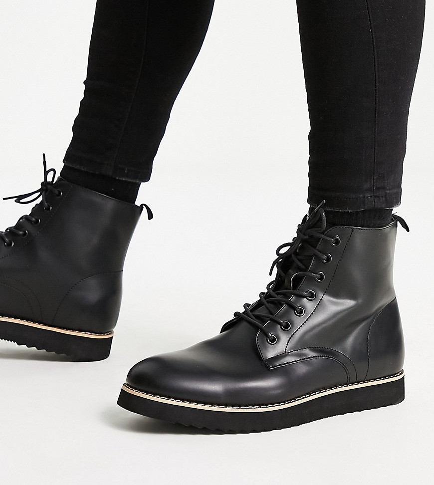 Truffle Collection Wide Fit Chunky Miminal Lace Up Boots In Black Faux Leather