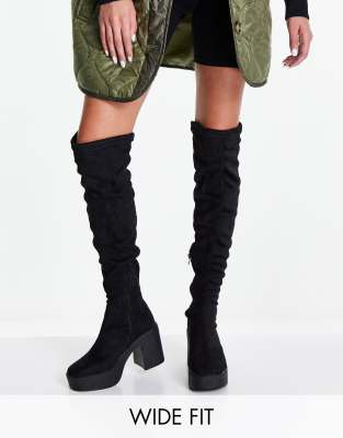 Truffle Collection Wide Fit chunky platform over the knee boots in black