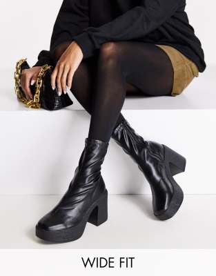 Truffle Collection Wide Fit chunky platform sock boots in black