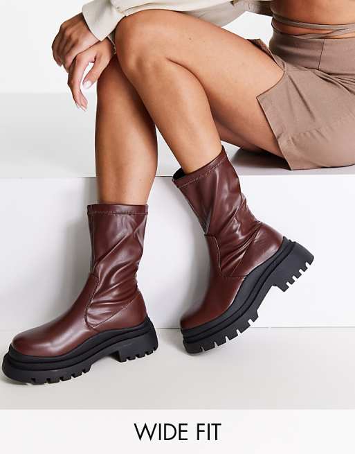 Truffle Collection Wide Fit chunky sock boots in brown