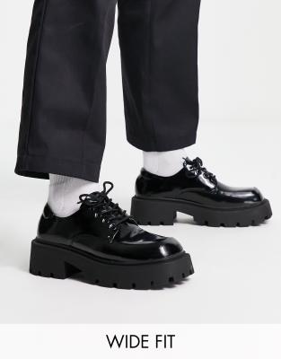 Truffle Collection Wide Fit Chunky Square Toe Lace Up Shoes In Black Faux Leather