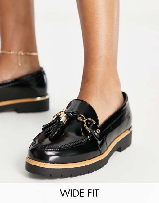 Truffle Collection Wide Fit chunky tassel loafers in black | ASOS