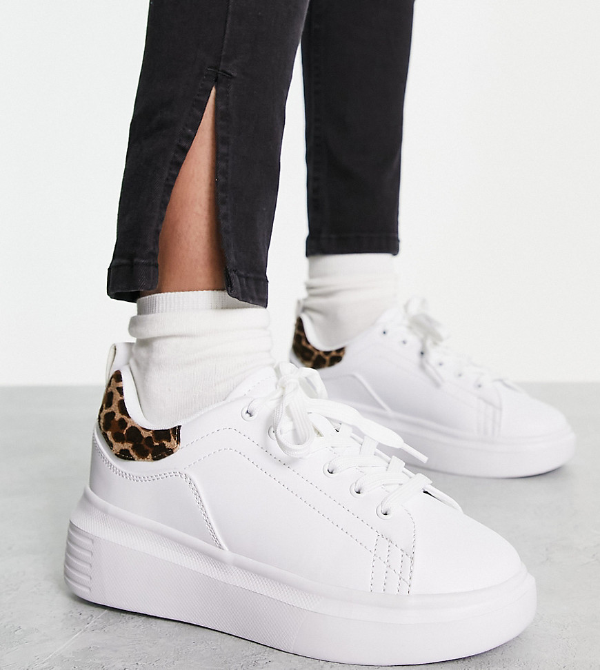 Truffle Collection Wide Fit chunky trainers in white and leopard back tab