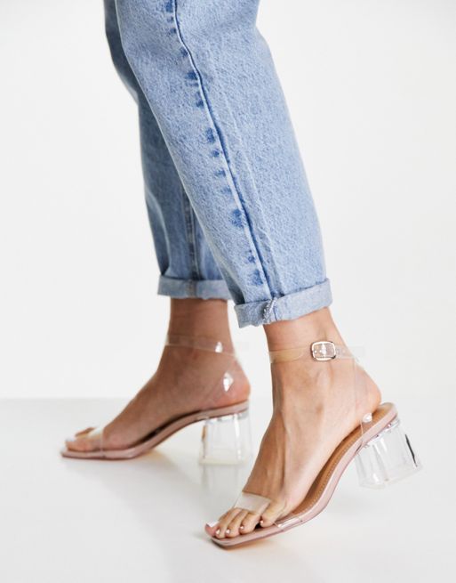 Truffle Collection Wide Fit clear heeled sandals in beige | ASOS
