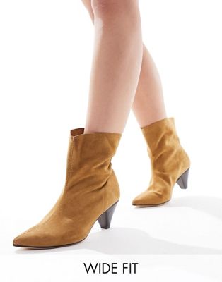 Truffle Collection Wide Fit Cone Heel Ankle Boots In Tan-brown