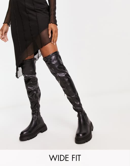 Truffle Collection Wide Fit – Czarne kozaki za kolano na grubej platformie