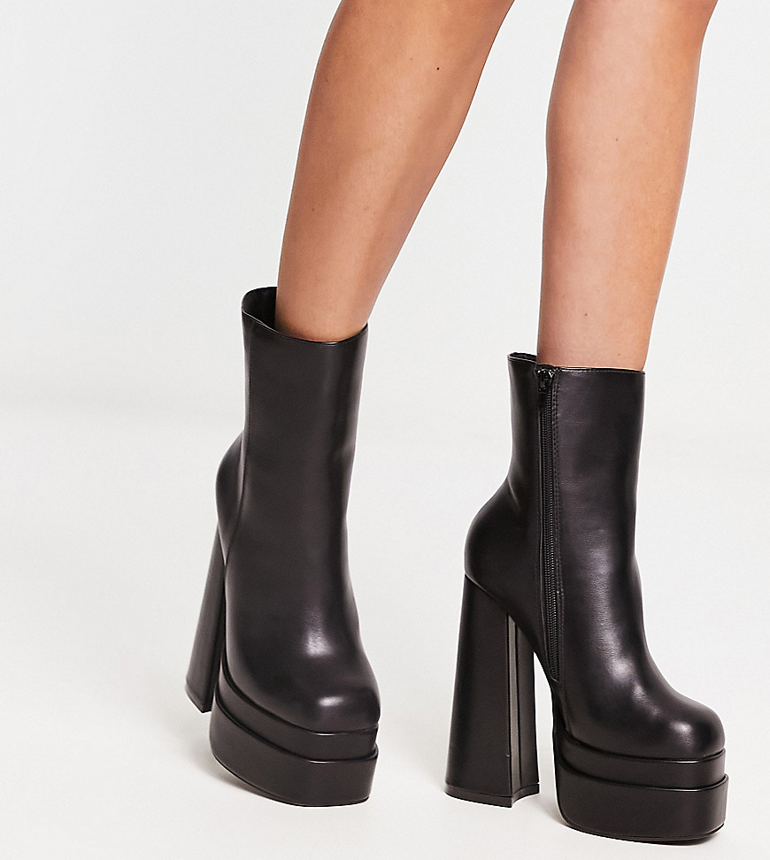 Truffle Collection Wide Fit double platform heeled ankle boots in black