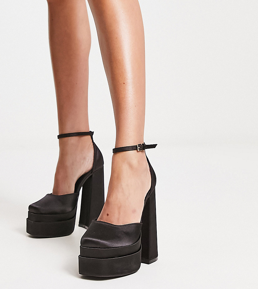 Truffle Collection Wide Fit double platform heeled shoes in black satin