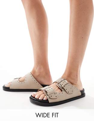 Truffle Collection Wide Fit Double Strap Studded Footbed Sandal In Taupe-neutral In Brown