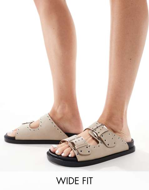 Truffle Collection wide fit double strap studded footbed sandal in taupe - view 1