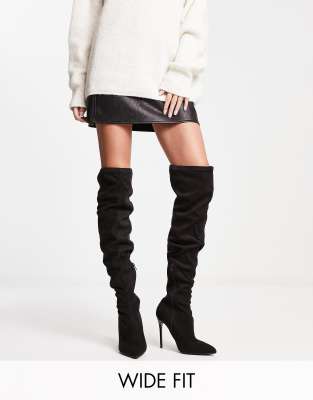 Truffle Collection Wide Fit - Enge Overknee-Stiefeletten in Schwarz mit Stiletto-Absatz-Black