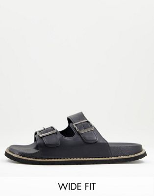 Truffle Collection wide fit faux leather buckle sandals in black