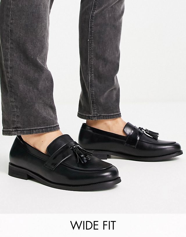 Truffle Collection Wide Fit faux leather tassel loafers in black