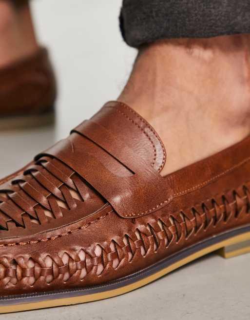 Mens leather hot sale weave loafers