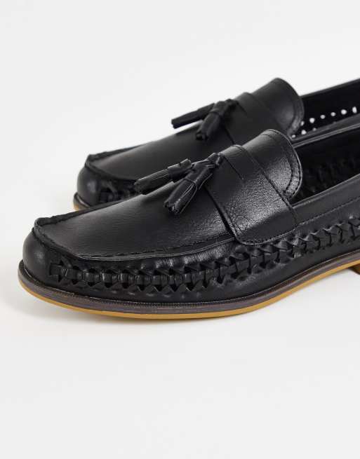Truffle Collection wide fit faux leather woven tassel loafers in black, 3 of 4