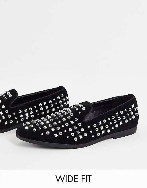 Truffle Collection wide fit faux suede studded slip on loafers in black ...