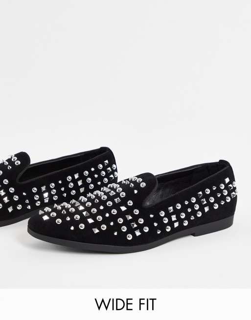 Truffle Collection wide fit faux suede studded slip on loafers in black
