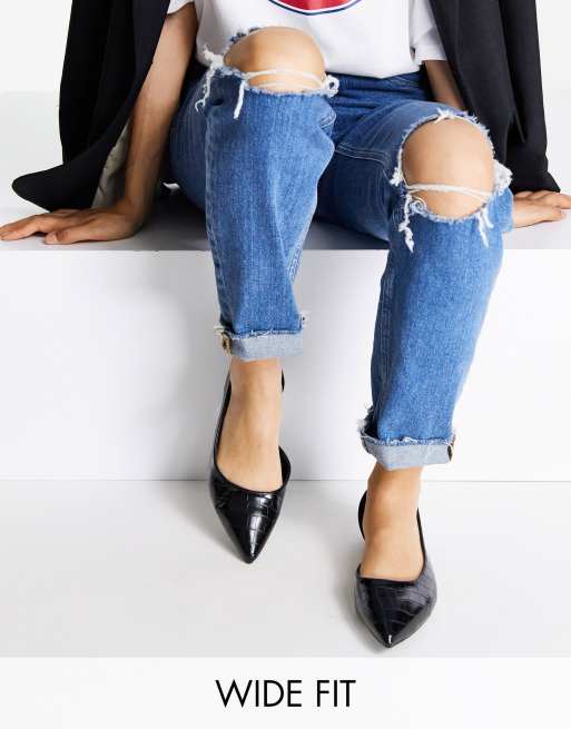 Truffle Collection Wide Fit – Flache Ballerinas in Kroko-Schwarz mit spitzer Zehenpartie