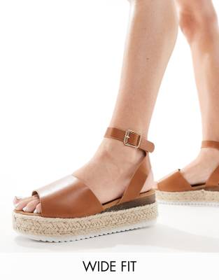 Truffle Collection wide fit flatform espadrille in tan-Brown