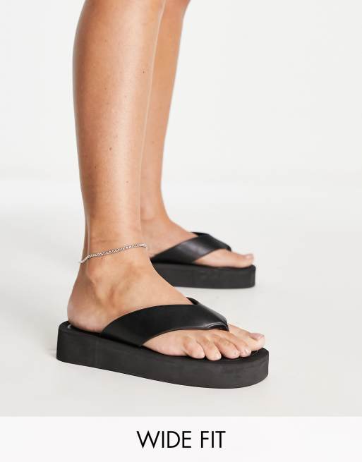 Truffle Collection Wide Fit flatform flip flop sandals in black