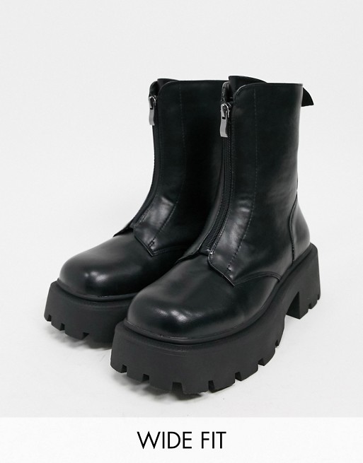 Truffle Collection wide fit front zip boots with exaggerated sole in black