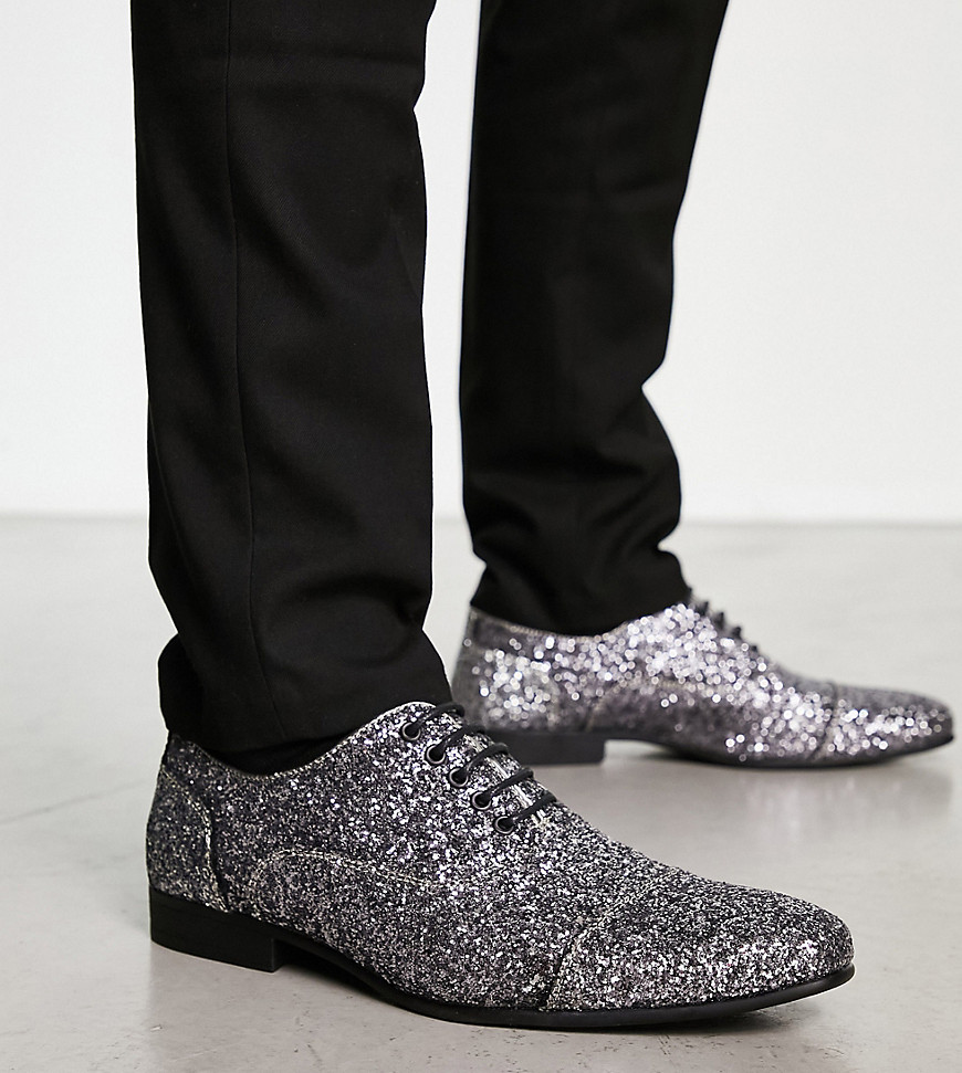 Truffle Collection wide fit glitter oxford lace up shoes in pewter-Silver