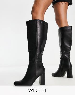 Truffle Collection Wide Fit Leather Look Thigh High Heeled Boots In Black