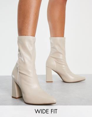 Truffle Collection Wide Fit Heeled Sock Boots In Cream-white
