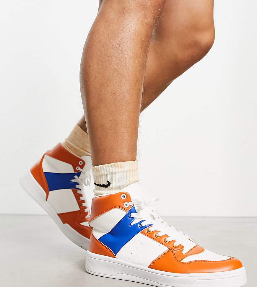 Truffle Collection wide fit hitop lace up trainers in orange-Multi