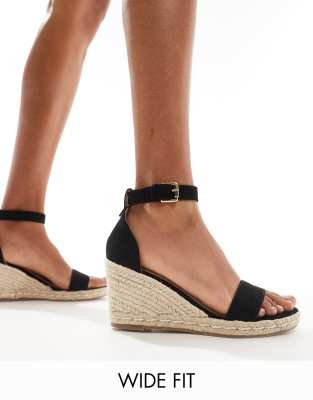 Truffle Collection Truffle Collection wide fit jute wedge heeled espadrille in black