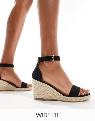 Truffle Collection Wide Fit Jute Wedge Heeled Espadrilles In Black