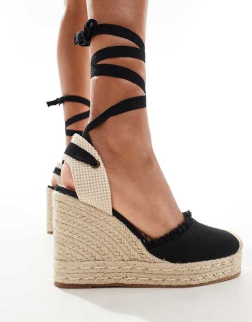 Truffle Collection wide fit jute wedge strappy espadrille in black