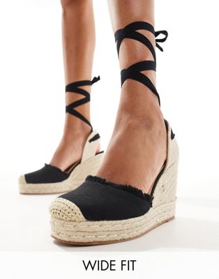 Truffle Collection Jute Wedge Strappy Espadrilles In Black