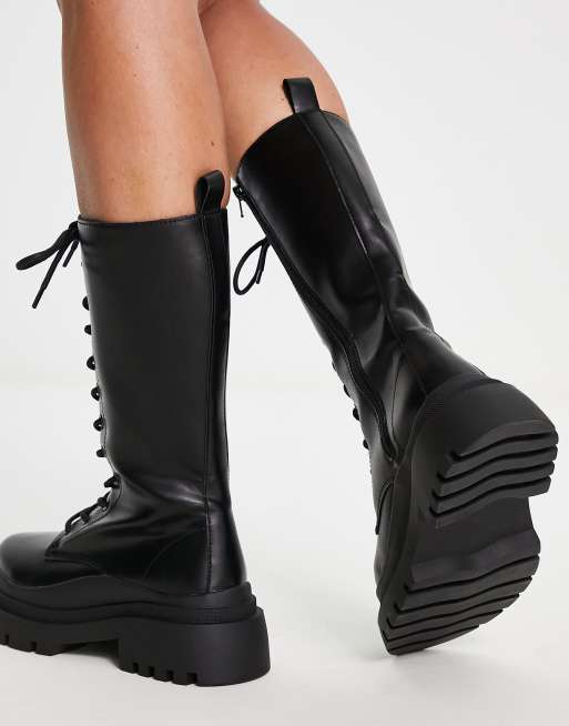 Truffle Collection wide fit lace up chunky boots in black